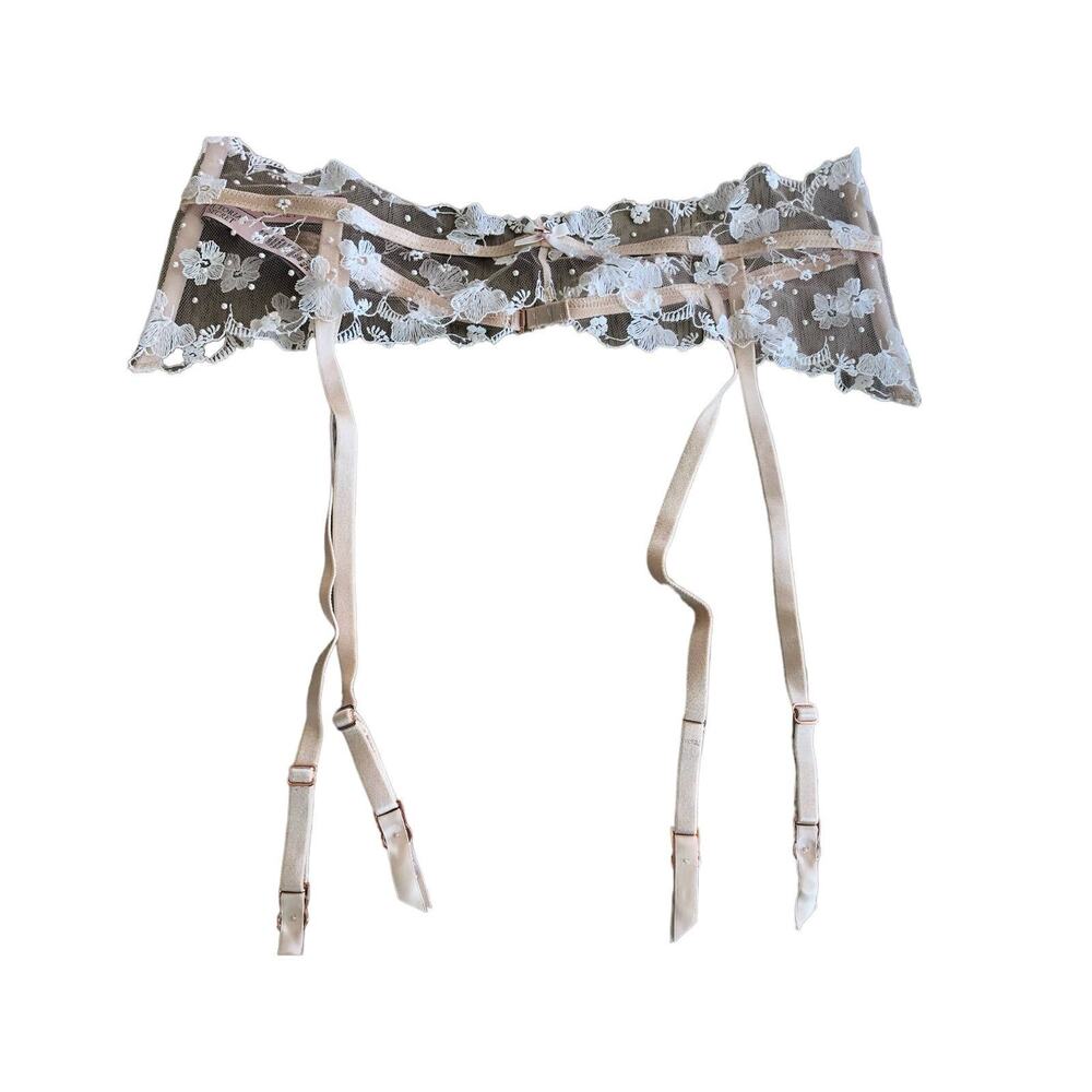 Victoria's Secret Floral Embroidered Nude and White Lace Pearl Garter Belt - M/L